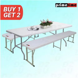 Primetime Rectangular 6ft Fold-in-Half Multi-Purpose Table+ 2 6ft Folding Benches Set (White)