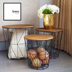Set of 3 Modern Black or Gold Wire Decorative Side Table All Purpose Storage with Wooden Lid