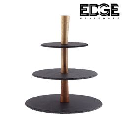 Slate 3-Tier Round with Acacia Wood handle, Ceramic Round Platters Serving Trays